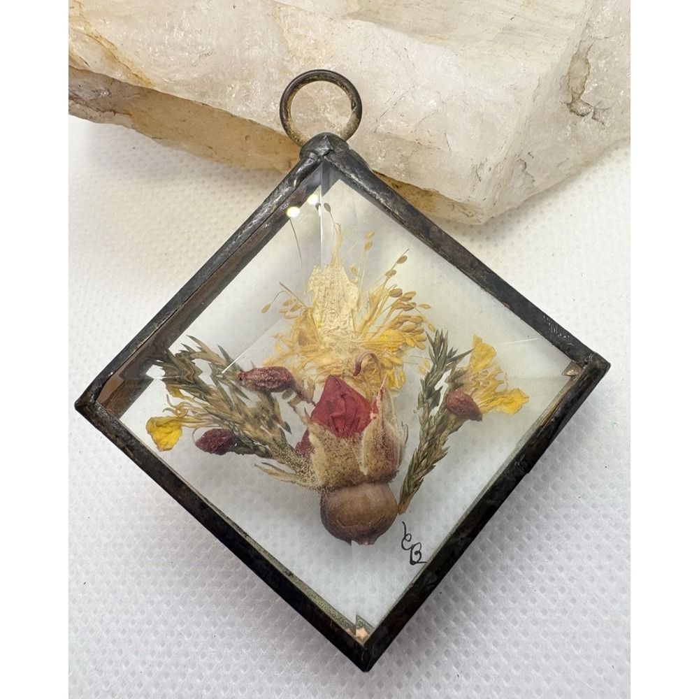 Vintage Pressed‎ Flower Beveled Glass Pendant Ornament, Signed "CB" Metal Patina